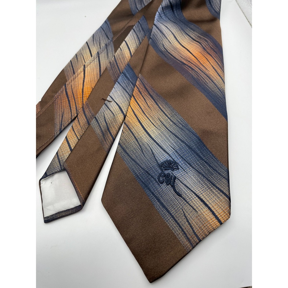 Countess Mara New York Mens Silk Tie Brown Blue Orange Abstract Stripe Logo